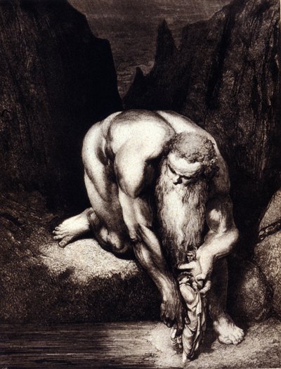 Dante en Vergilius ontmoeten de reus Anteas. Illustratie voor de Goddelijke Komedie van Dante Alighieri door Gustave Doré door Gustave Dore