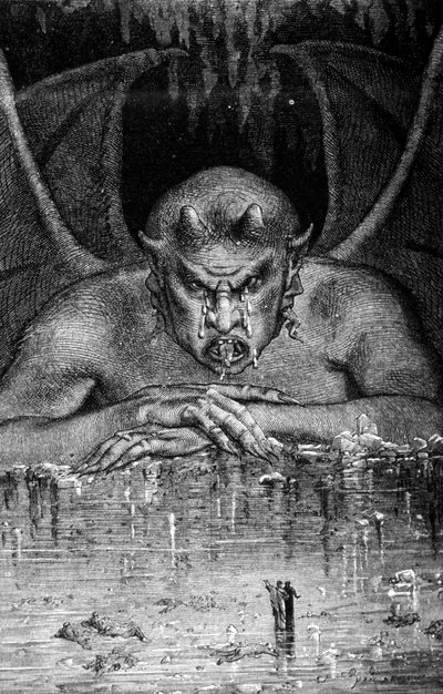 Dante en Vergilius doorkruisen de hel in De Goddelijke Komedie door Dante Alighieri (1265 - 1321): Satan verslindt de dansers. Gravure door Gustave Doré. 19e eeuw. door Gustave Dore