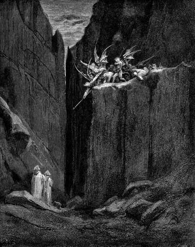 Dante beschermd door Virgil tegen demonen door Gustave Dore