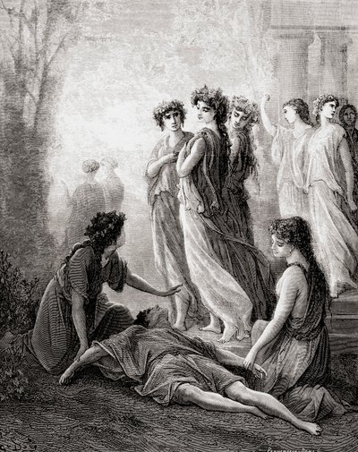Daphnis en Alcimadure, uit een late 19e-eeuwse editie van Fables de La Fontaine (houtsnede) door Gustave Dore
