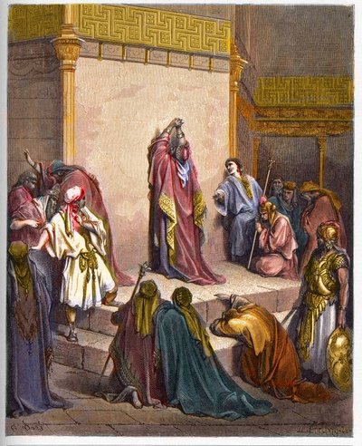 David, Koning van het Verenigd Koninkrijk van Israël treurt om de dood van Absalom. Koning David ontroostbaar over de dood van Absalon (Avshalom) - gravure in 