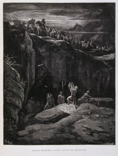 David biedt zijn zwaard aan in loyaliteit aan Saul, koning van Israël, Illustratie uit de Dore Bijbel door Gustave Dore
