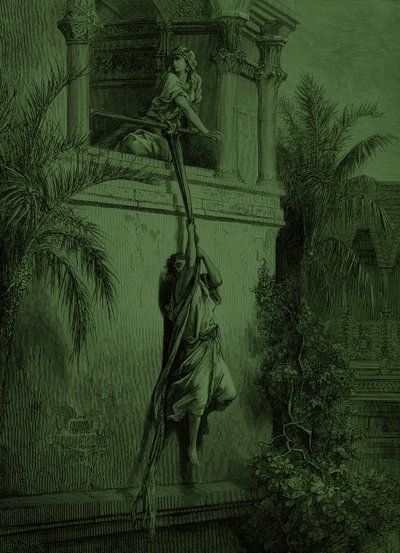 Davids ontsnapping door het raam, door Doré - Bijbel door Gustave Dore