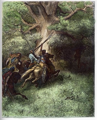 De dood van Absalom (Avshalom) - Na de nederlaag tegen de troepen van zijn vader bleef Absalom hangen aan de takken van een boom terwijl hij van het slagveld vluchtte - gravure in 