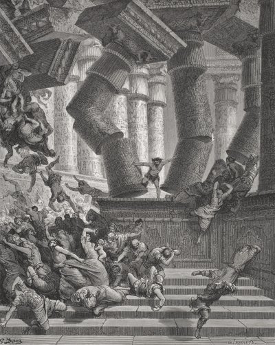 De dood van Samson, Rechters 26:28-30, illustratie uit Dore