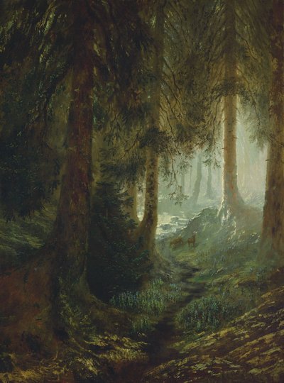 Herten in een boslandschap door Gustave Dore