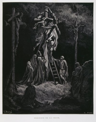 Afdaling van het kruis, de afzetting van Christus, Illustratie uit de Dore Bijbel door Gustave Dore