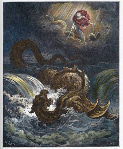 Vernietiging van Leviathan - De vernietiging van de Leviathan, het zeemonster uit het Oude Testament - gravure in 