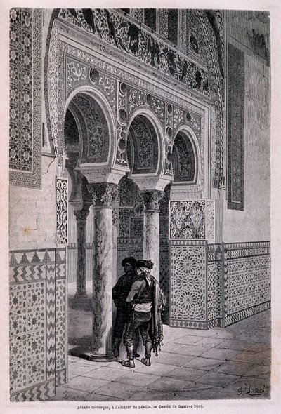 Detail van de Arcade van het Alcazar in Sevilla - door Doré, in "Tour du Monde", 2e semester 1866. door Gustave Dore