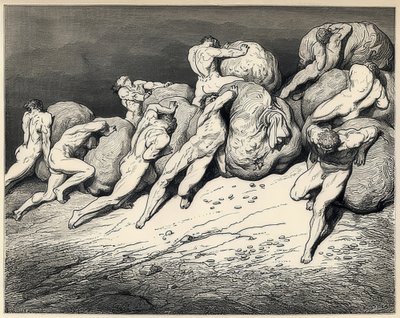 De zielen van de verkwisters en gierigaards. Illustratie bij Dante Alighieri