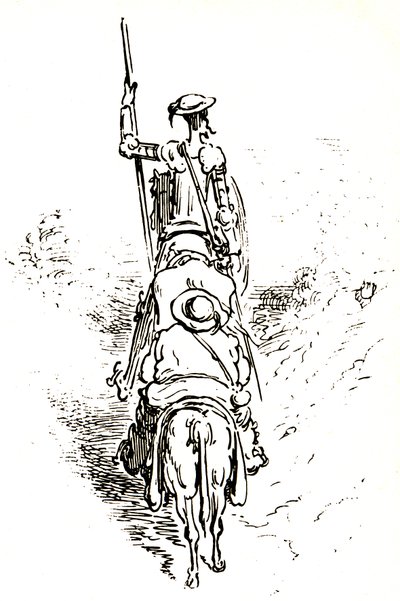Don Quichotte op zijn paard, gevolgd door Sancho op zijn ezel door Gustave Dore