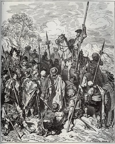 Don Quijote en Sancho met het eskadron van de balkende dorpelingen - uit 