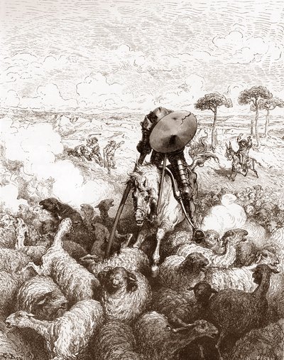 Don Quichot valt de kudde schapen aan. Gravure door Gustave Doré voor 