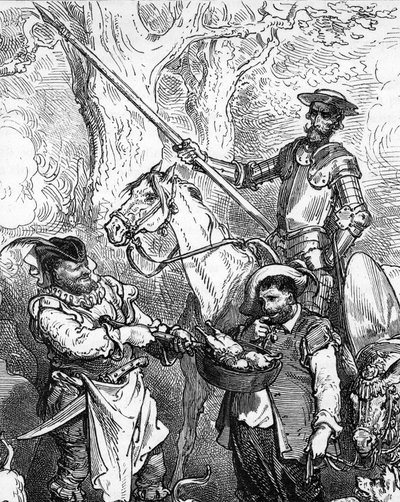 Don Quichot, gooit met de hand en rijdt op zijn paard Rossinant klaar om op avontuur te gaan. Zijn trouwe schildknaap, de fijnproever Sancho Panza, aarzelt voor een goed vleesgerecht. (detail) door Gustave Dore