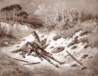 Don Quichot na zijn afranseling, Quichot roept om zijn ideale dame Dulcinea del Toboso. Gravure door Gustave Doré voor 