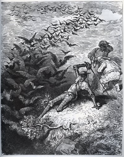 Don Quichot in de grot van Montesinos - Een oneindig aantal kraaien en roeken vliegen uit de grot van Montesinos en slaan Don Quichot tegen de grond (II, 22) - uit 