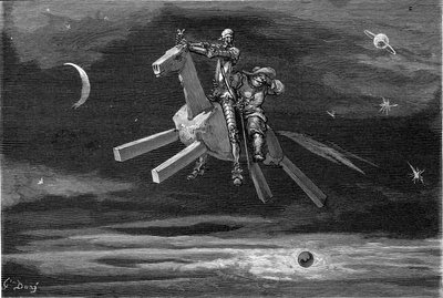 Don Quichot en Sancho Panza in de lucht, tussen de maan en de sterren, rijdend op het houten paard Clavilegne. Gravure door Gustave Doré ter illustratie van de 1869 Hachette editie van het boek "De vernuftige edelman Don Quichot van La Mancha" door Gustave Dore