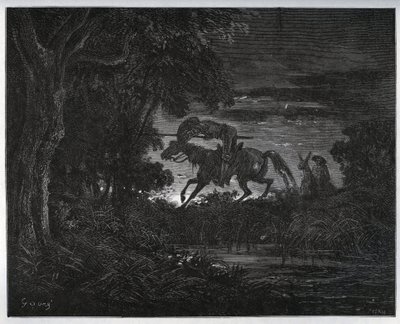 Don Quichot en Sancho Panza aan het begin van het avontuur in een dicht en onbekend bos - uit "Don Quichot de la Mancha" door Miguel Cervantes (1547-1616) - Houtsnede naar tekening van Gustave Dore door Gustave Dore