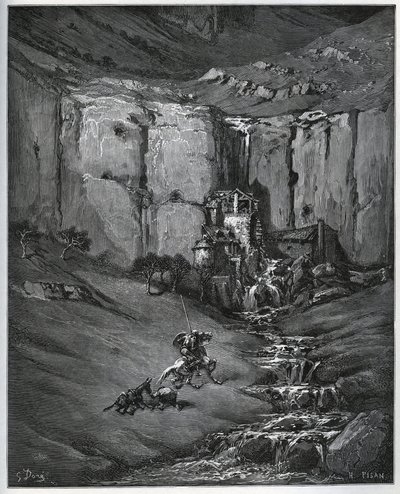 Don Quichot en Sancho Panza ontdekken wat hun bezorgdheid veroorzaakte, een waterval en een molen - uit 