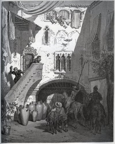 Don Quichot en Sancho Panza, uitgenodigd door Don Diego de Miranda thuis, worden verwelkomd door de vrouw en zoon van de heer - uit "Don Quichot de la Mancha" door Miguel Cervantes (1547-1616) - Houtsnede naar tekening van Gustave Dore door Gustave Dore