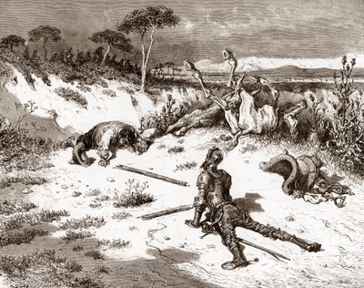 Don Quichot en Sancho Panza na de vechtpartij met de bewakers en criminelen Gravure door Gustave Dore voor 