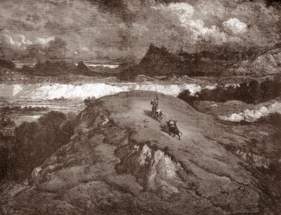 Don Quichot en Sancho Panza naderen de Sierra Morena. Gravure door Gustave Doré voor 