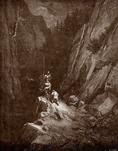 Don Quichot en Sancho Panza in het hart van de Sierra Morena Gravure door Gustave Doré voor 