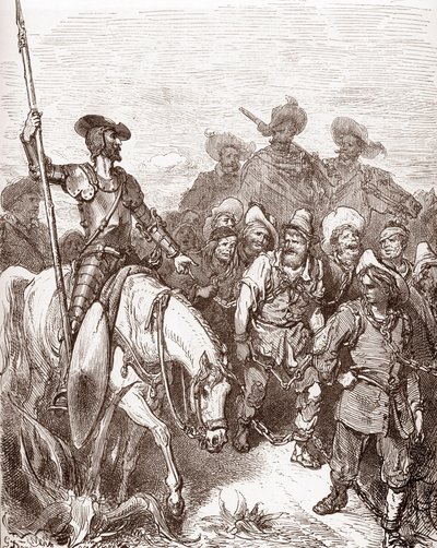 Don Quichot en Sancho Panza ondervragen de criminelen die naar de galeien worden geleid. Gravure door Gustave Doré voor 