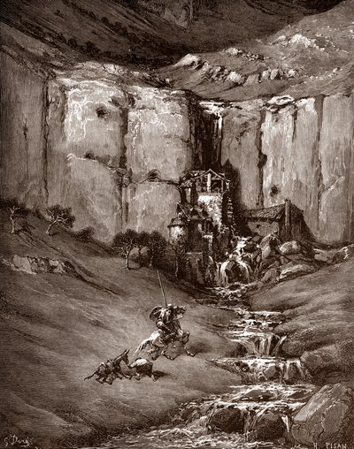 Don Quichot en Sancho Panza zien een waterval en lawaaierige hutten Gravure door Gustave Doré voor 