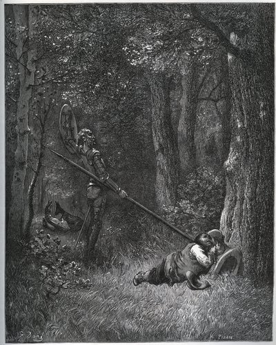 Don Quichot wekt Sancho Panza - uit "Don Quichot van La Mancha" van Miguel Cervantes door Gustave Dore