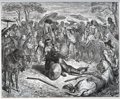 Don Quichot verslagen in het midden van een groep kooplieden - De muilezelmaker had de smaak van het spel te pakken - uit "Don Quichot van La Mancha" van Miguel Cervantes door Gustave Dore