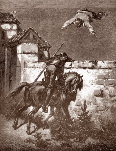 Don Quichot faalt om de lanceringen van Sancho Panza te stoppen die hem op een deken laten stuiteren (gravure door Gustave Doré voor 