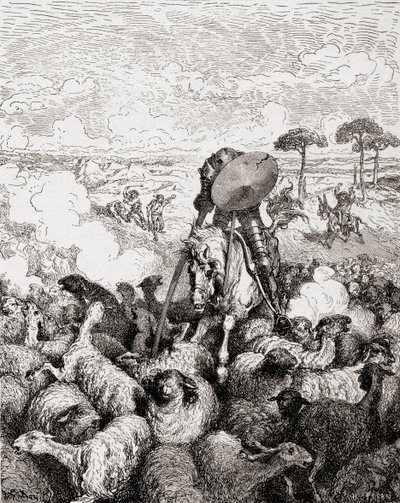 Don Quichot vecht tegen de kudde schapen door Gustave Dore