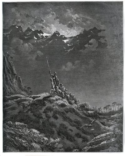 Don Quichot gaat op missie voor Dorothee, vergezeld door Sancho Panza, barbier, Dorothee, pastoor en Cardenio - uit 
