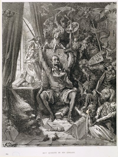 Don Quichot in zijn Bibliotheek, gegraveerd door Heliodore Joseph Pisan (1822-90) c.1868 door Gustave Dore