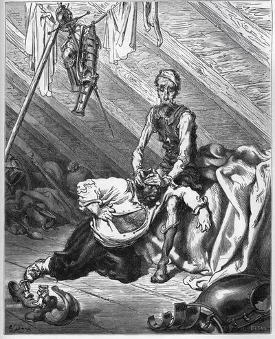 Don Quichot laat Sancho Panza zijn kostbare balsem proeven om hen beiden van alle kwalen te genezen - uit "Don Quichot van La Mancha" van Miguel Cervantes door Gustave Dore