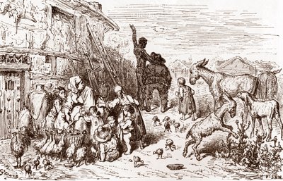 Don Quichot overtuigt zijn buurman Sancho Panza om zijn schildknaap te worden Gravure door Gustave Dore voor 
