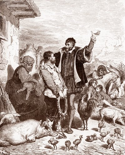 Don Quichot overtuigt zijn buurman Sancho Panza om zijn schildknaap te worden door hem te beloven hem gouverneur te maken van een veroverd eiland. Gravure door Gustave Doré (1832-1883) voor 