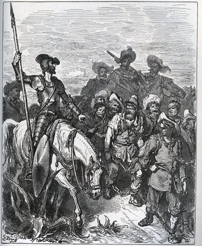 Don Quichot ondervraagt de krachten over de redenen voor hun veroordelingen - uit 