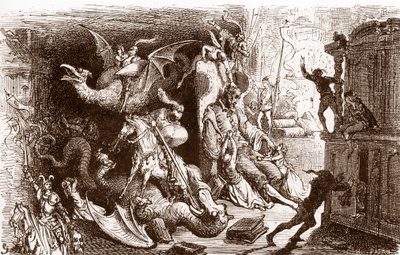 Don Quichot denkt aan niets anders dan ridderlijke daden Gravure door Gustave Dore voor 