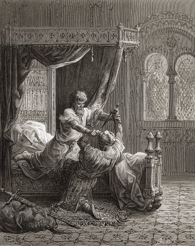 Edward I (1239-1307) van Engeland doodt zijn potentiële moordenaar in juni 1272, illustratie uit 