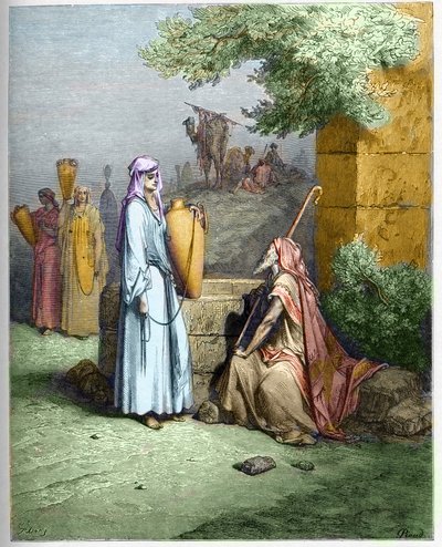 Eliezer en Rebekka - Eliezer, de dienaar van Abraham, krijgt een beker water aangeboden door Rebekka - Eliezer en Rebekka - gravure in 