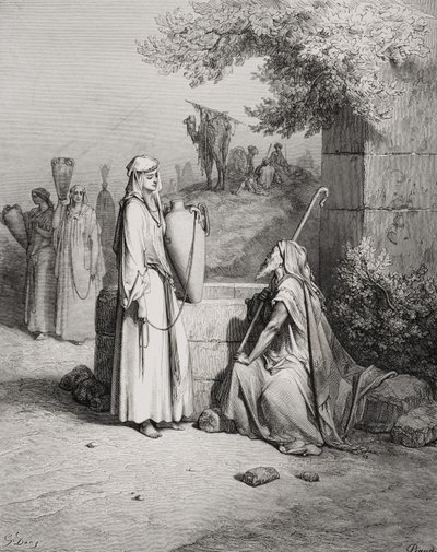 Eliezer en Rebekka, Genesis 24:15-21, illustratie uit Dore