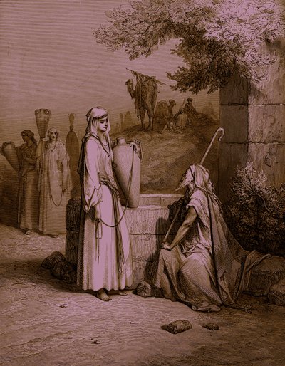Eliezer en Rebekah / Rebecca, gravure door Doré - Bijbel door Gustave Dore