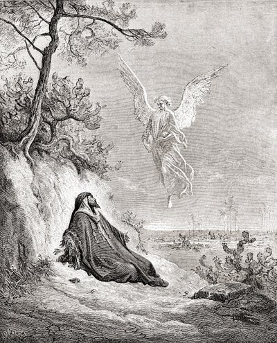 Elia gevoed door een engel. Naar een werk uit de Bijbel van Gustave Doré. Uit Leven en Herinneringen van Gustave Doré, gepubliceerd in 1885. door Gustave Dore