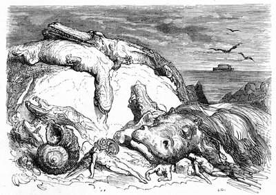 Gravure door Gustave Doré rond 1850: evocatie van een apocalyptische zondvloed die bijbelse traditie combineert (men kan in de verte de ark van Noach op zee zien) en het begin van wetenschappelijke kennis (verschillende monsterlijke dieren gestrand op de b door Gustave Dore