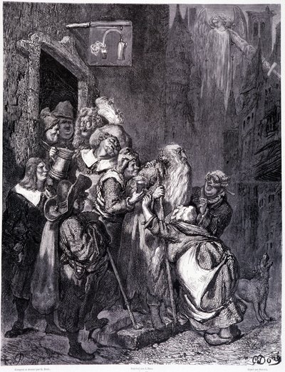 Betreed deze herberg, plaat IV - Illustratie door Gustave Doré, voor La légende du Juif errant door Pierre Dupont, editie Librairie du magasin pittoresque, Parijs 1862 door Gustave Dore