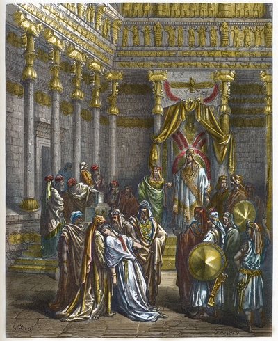 Esther valt flauw voor de koning van Perzië Assuerus I (Xerxes I) - Koningin Esther valt flauw voor koning Ahasveros - gravure in 