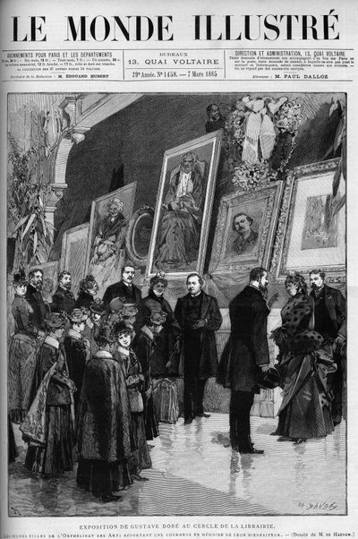 Tentoonstelling van Gustave Doré (1832-1883), Franse illustrator en schilder, in de boekhandelskring. Gravure in 