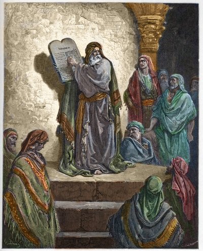 Ezra de Schriftgeleerde leest de Wet voor aan het volk - gravure in 